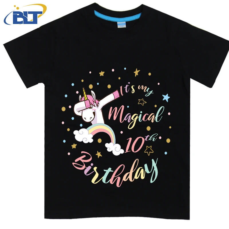 Girl 10thBirthday Magical Unicorn printed kids T-shirt, summer cotton short-sleeved casual top, suitable for both boys and girls