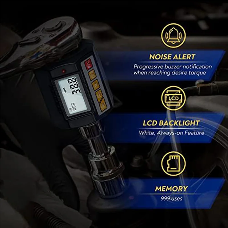 Adaptador de llave dinamométrica digital 1/2, 3/8 pulgadas, función de memoria de retroiluminación LED de 1/4 pulgadas, tiempo de trabajo de 50 horas para reparación de automóviles