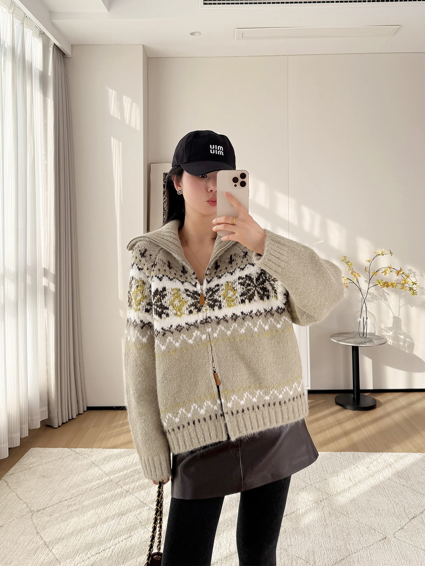 

Женский вязаный кардиган свободного кроя из шерсти с цветочной вышивкой, на двойной молнии, с отложным воротником, повседневный свитер