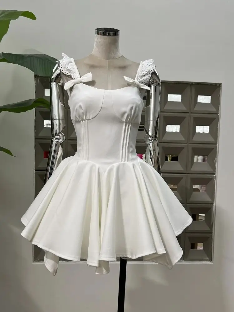

Summer New Solid Spliced Bowknot Lace Tunic Club Ball Dress Square Collar Sleeveless Backless High Wiast Elegant Women's Dresses