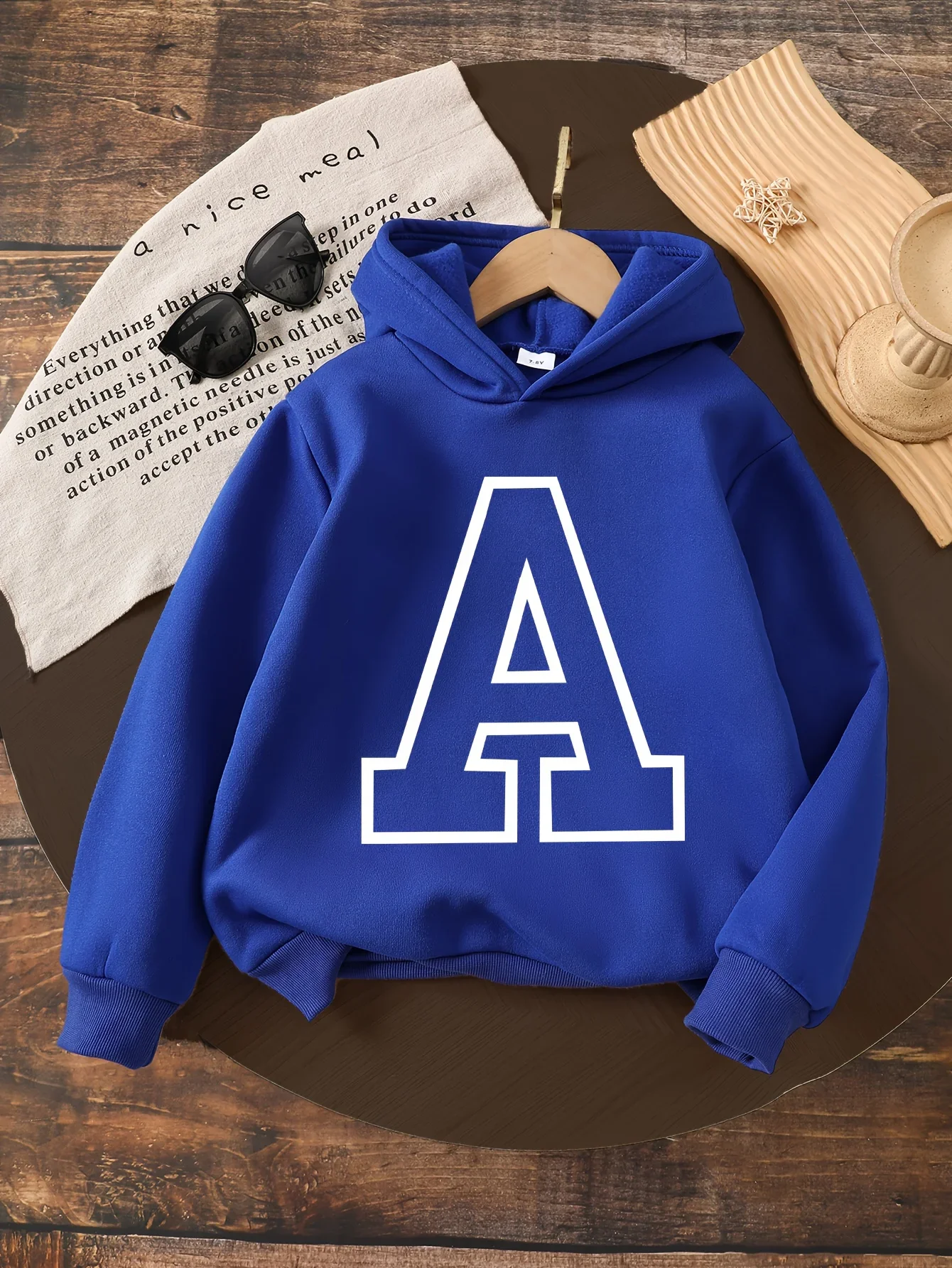 Kids' casual loose-fitting hooded long-sleeved sweatshirt with letter 'A' print,perfect for fall and winter and aChristmas gift.