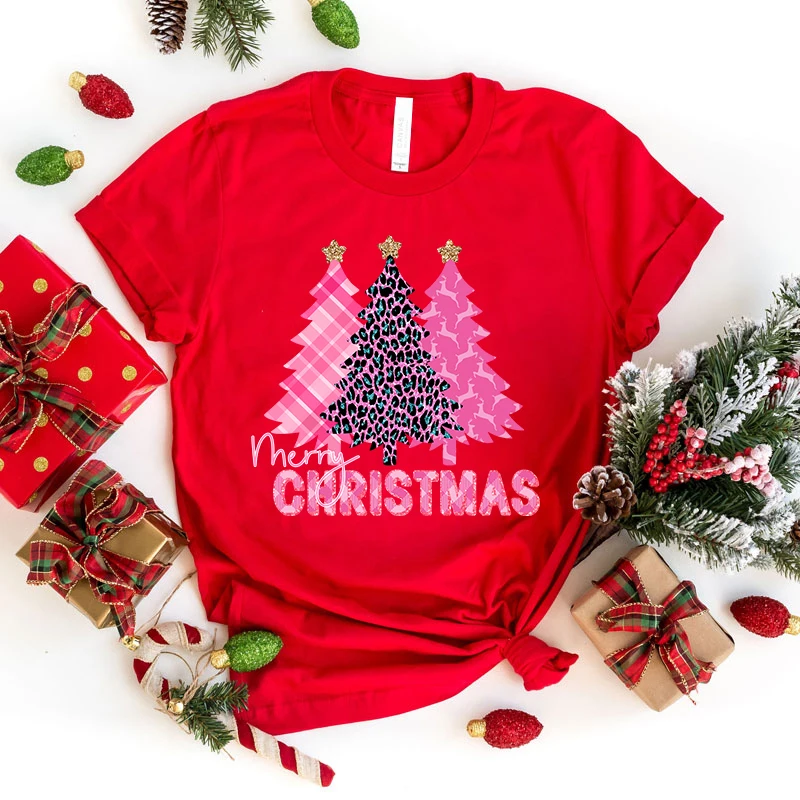 (Premium T-shirt)Funny Merry Christmas Tree Print T-Shrits For Women Summer Short Sleeve Round Neck Cute Loose T-Shirt tops