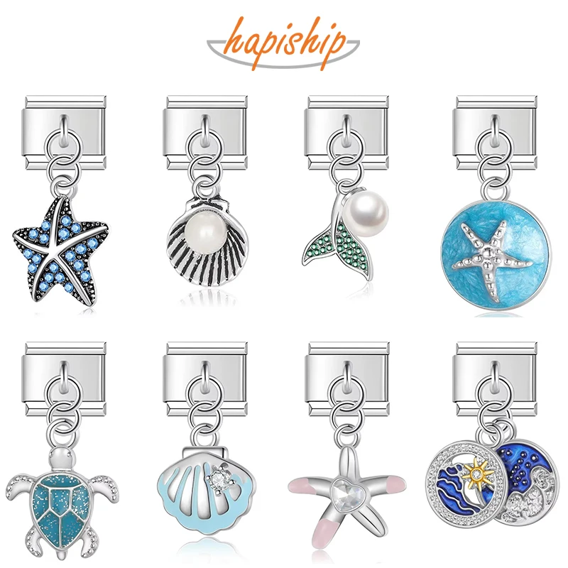 Hapiship Starfish Shell Mermaid Tail Turtle Italian Charms Fit 9mm Stainless Steel Bracelet Jewelry DJ2086