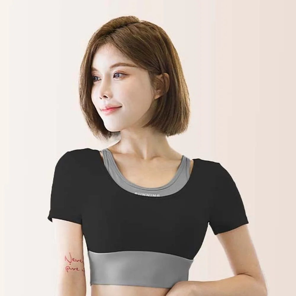 

Combined in One Sports Top with Bra Tight Contrast Color Fitness Short-Sleeved Thickened Breathable Yoga T-shirt Outdoor