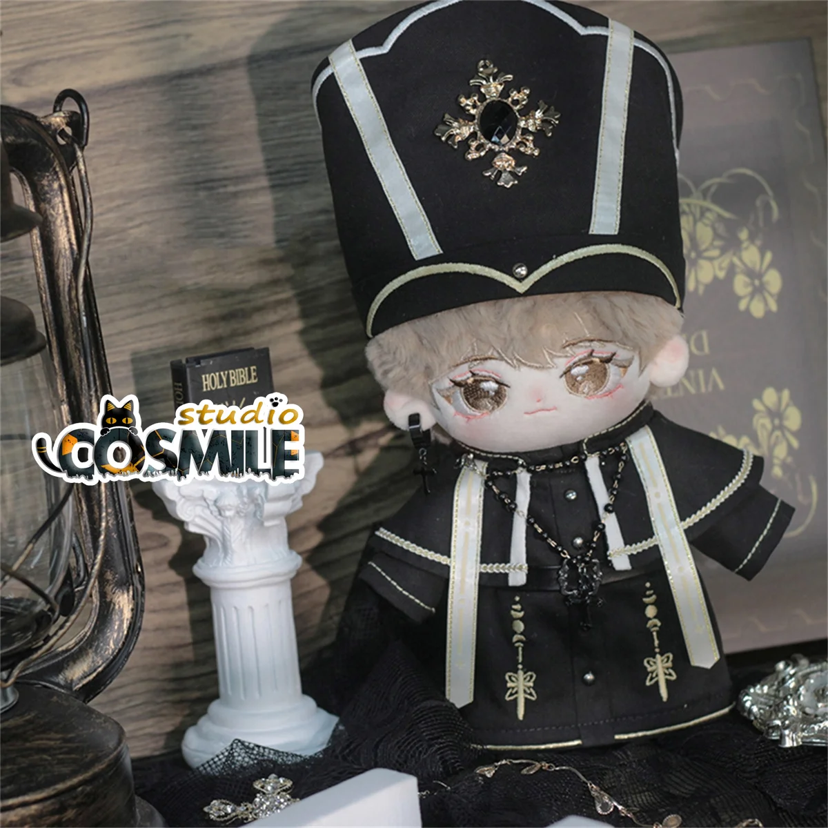 No Attributes Crucifix Black Gothic Priest Pope Church Suit Costume 20cm Plush Doll Clothes Dolls Accessories Hailan FS