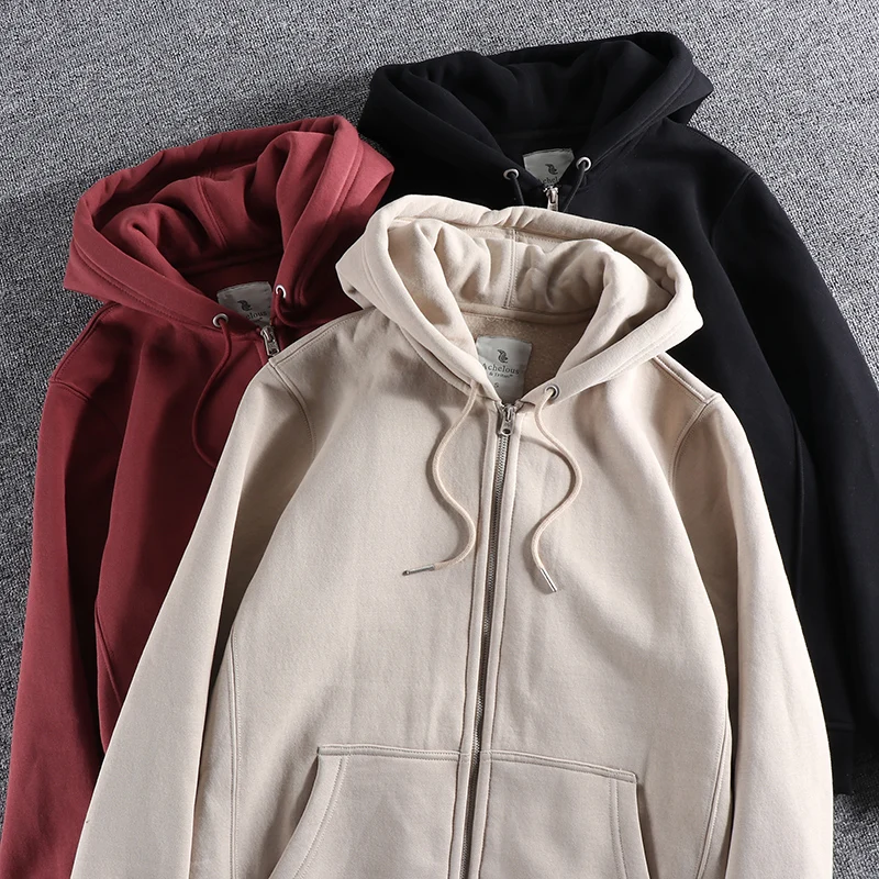 

Thickened Fleece Winter American Simple Fashion Hoodie Zipper Cardigan Pure Color Embroidery Sports Casual Jacket for Men