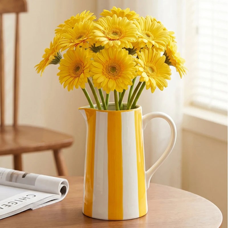 Yellow White Vertical Striped Ceramic Pitcher Vase with Handle Style Jug Flower Container Dried Fresh Flower Vase Table Decor