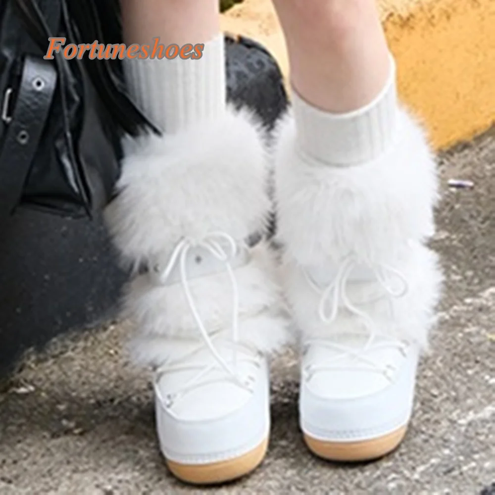 

White Cross Tied Round Toe Women Boots Mid Calf Flat with Solid Patchwork Boots 2025 Newest Casual Fashion Winter Snow Boots