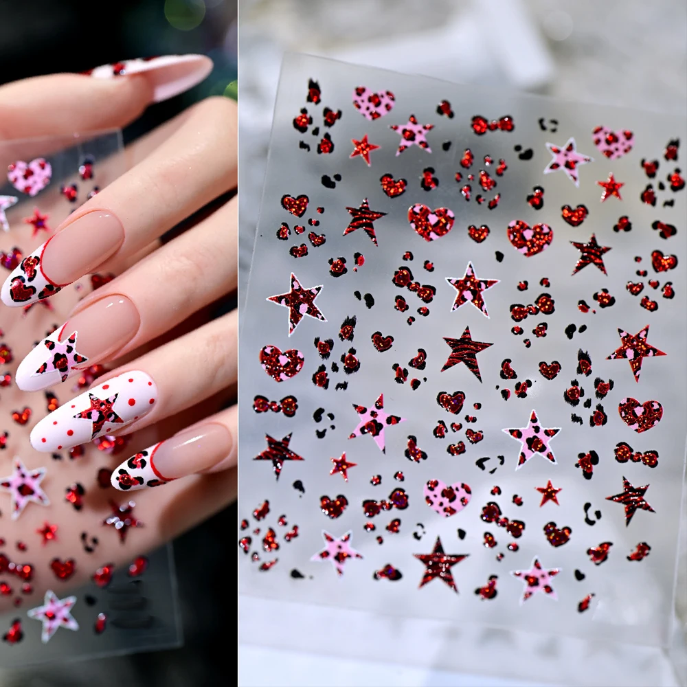 1pc 5D Stampa Leopardo Stampaggio A Caldo Adesivi Per Unghie Y2K Cuore Pentagramma Con Glitter Design Decalcomanie Per Unghie Autunno Punta Delle Dita Unghie Decorazione
