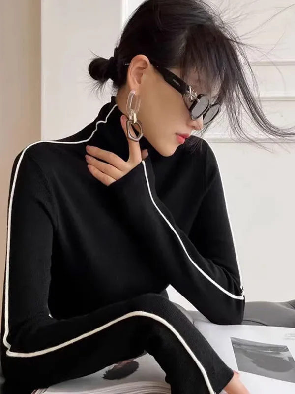 

Bla High Collar Knitted Base irt Women's Design Sensation Color Blo Collar Inner Wear Spring Top French Sle Slim Fit