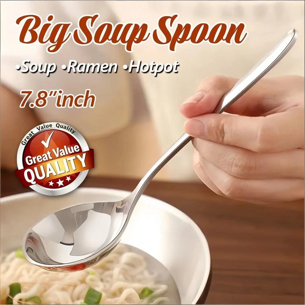 1pcs 20cm Big Spoon Stainless Steel Soup Spoon Serving Soup Ladle Salad Noodles Sauce Spoon Kitchenware