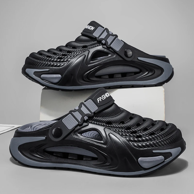 Portable all match slip on hollow clogs men lightweight breathable wear resistant elastic soft sole outdoor daily slides