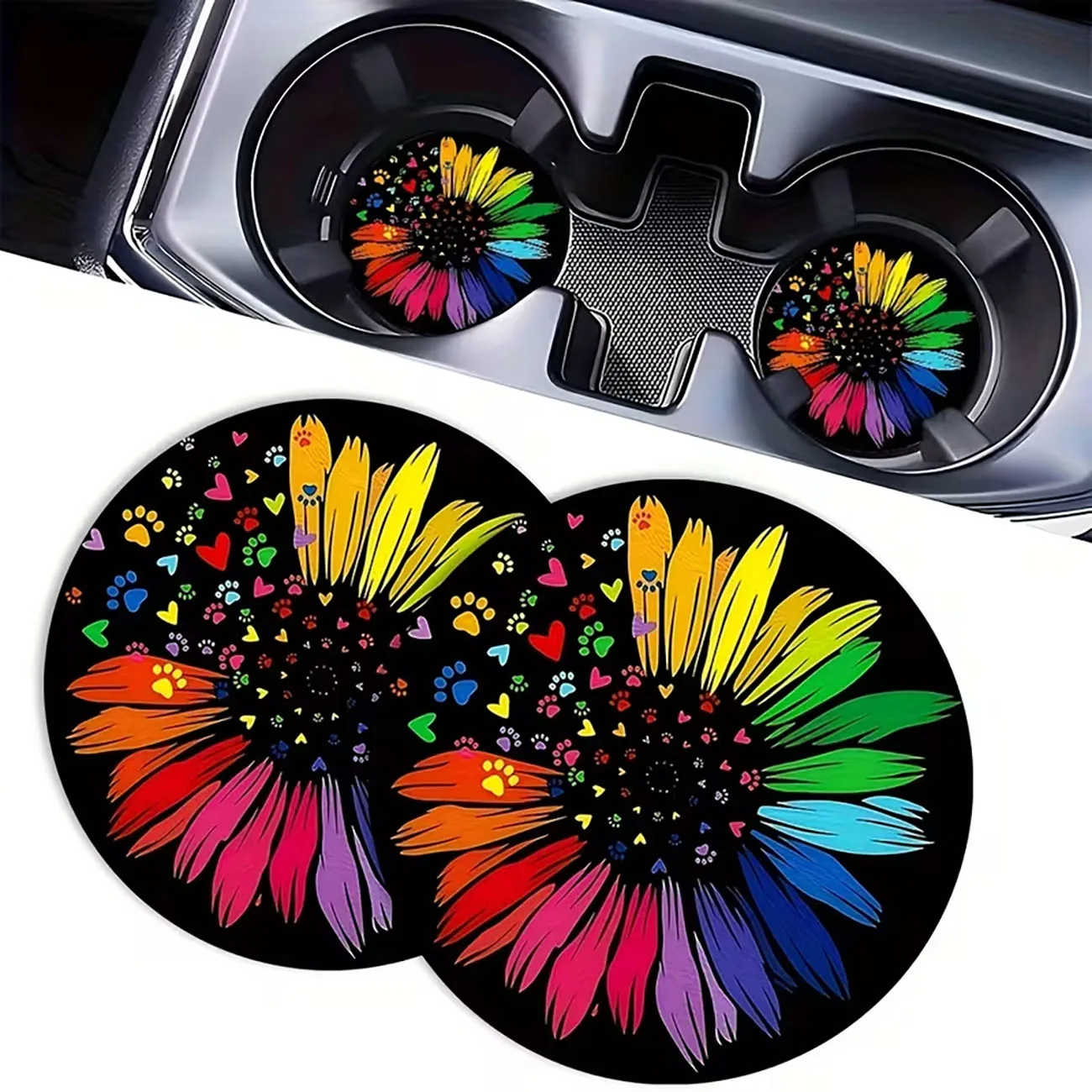 2Pcs 2.8x2.8 Inch Rainbow Daisy Wooden Car Coasters, Universal Non-slip Heat-resistant Cup Holder Mats