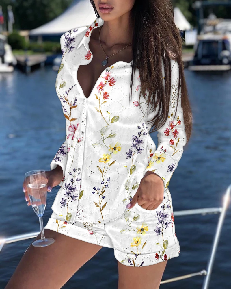 

Elegant Two Piece Set for Woman Commuter Embroidery Flower Print Lapel Long Sleeve Slim Fit Shirt High Waisted Pocket Shorts Set