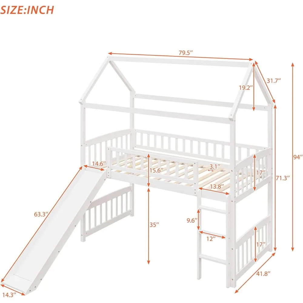 Twin Wood Loft Bed with Roof, Guardrail, Built-in Ladder, and Slide, Wood House Bed/Low Toddler Bunk Bed for Kids Children Beds