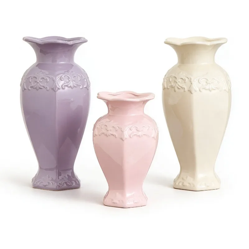 French Baroque Relief Ceramic Vase – Hexagonal Shape with Wavy Rim, Pastel Pink/Lavender/Cream for Vintage Tabletop Display