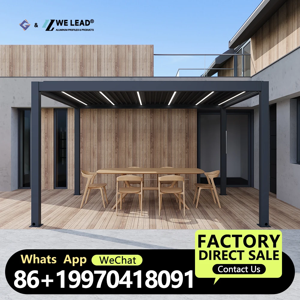 

Pergola Electric rainproof garden louver aluminum pergola outdoor gazebo motorized sunshade backyard pergola with roller blinds