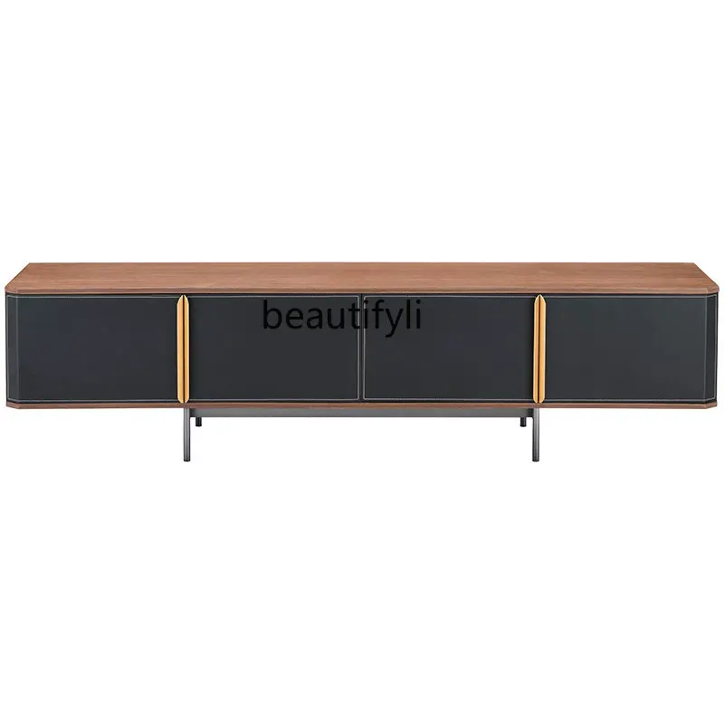 

Italian Minimalist Saddle Leather TV Cabinet Black and Hard Leather 2 M Floor Cabinet Low Cabinet Walnut Living Room Furniture