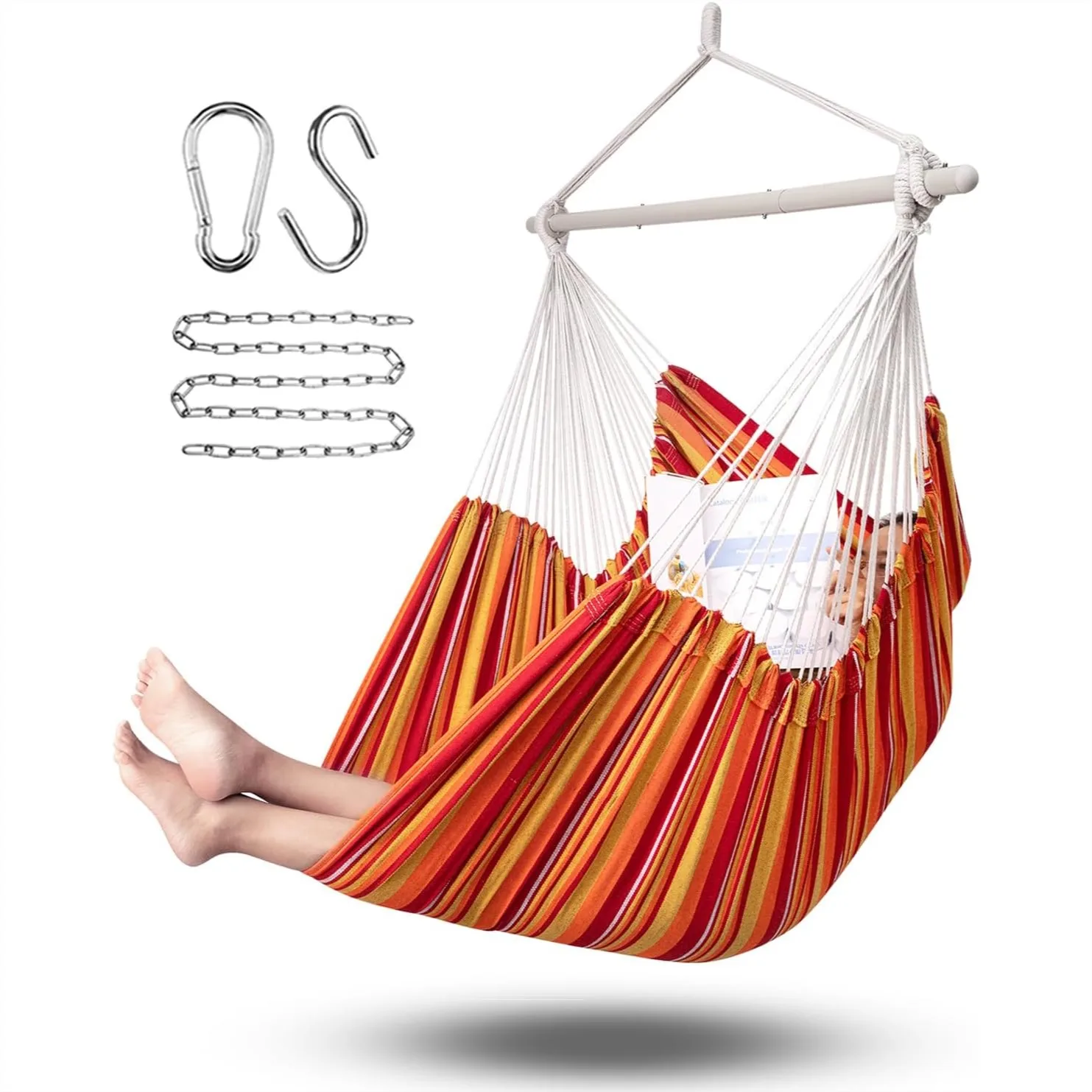 

Hammock Chair Hanging Rope Swing XXL - Max 500lbs, 70in Large Outdoor Indoor Swing Chair with Steel Spreader Bar & Anti-Slip
