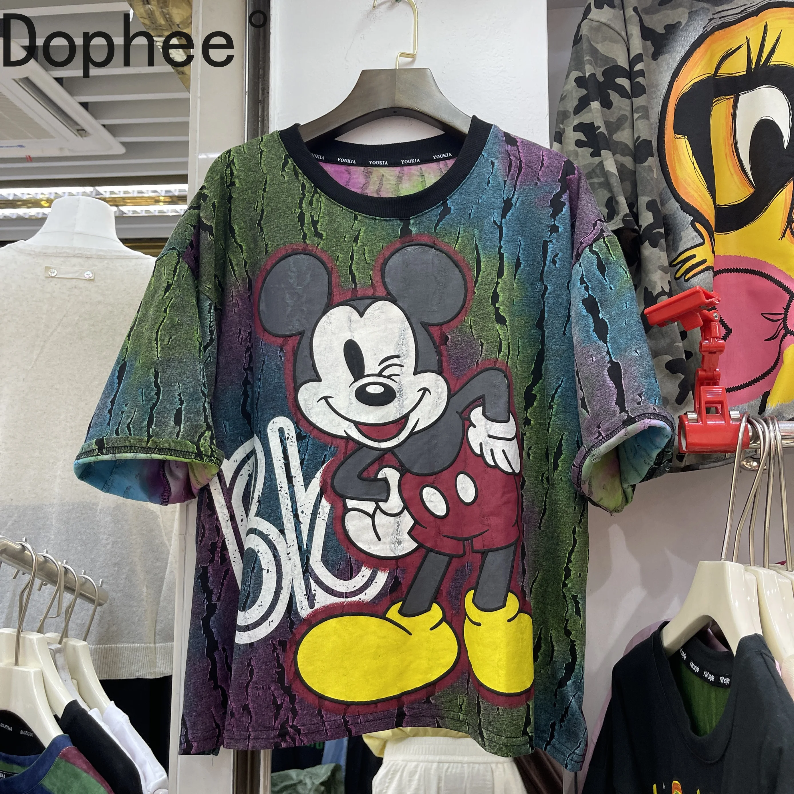 

Tie-dye Cartoon Mickey Printing Loose Short Sleeve T-shirt 2025 New Spring Summer O-neck Pullover Top Casual Students Basic Tees