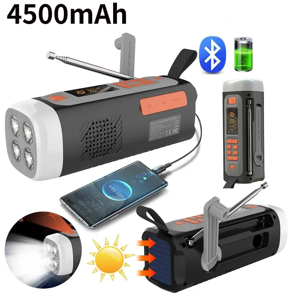 4500mAh Emergency Radio USB Phone Charger Power Bank AM/FM/SW Solor Hand Crank Radio Bluetooth Speaker with Flashlight SOS Alarm