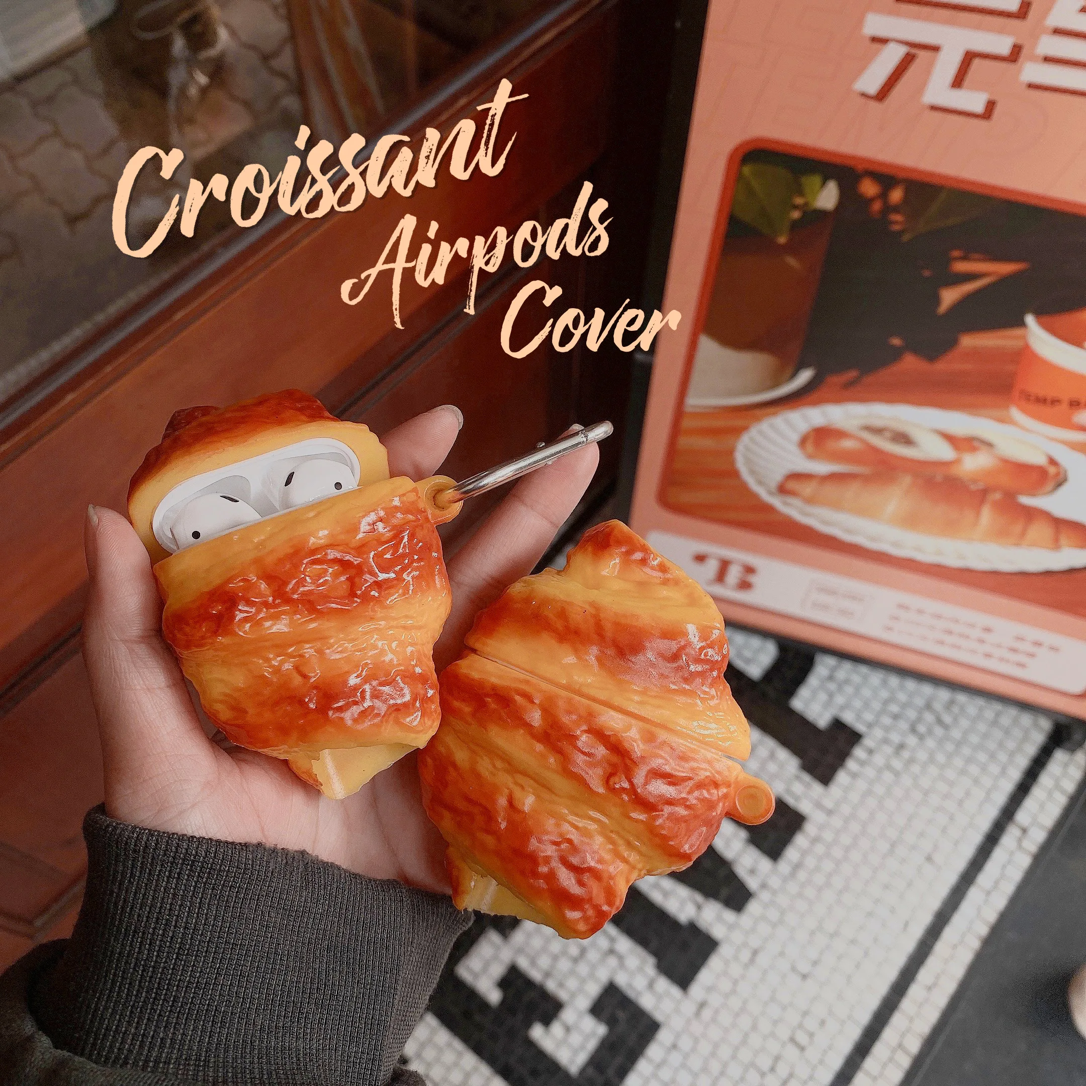 Silicone Case for Apple AirPods Pro with Keychain Hook Croissant Bread 3D Cartoon Food Shaped Cute Lovely Fun Funny For AirPods4