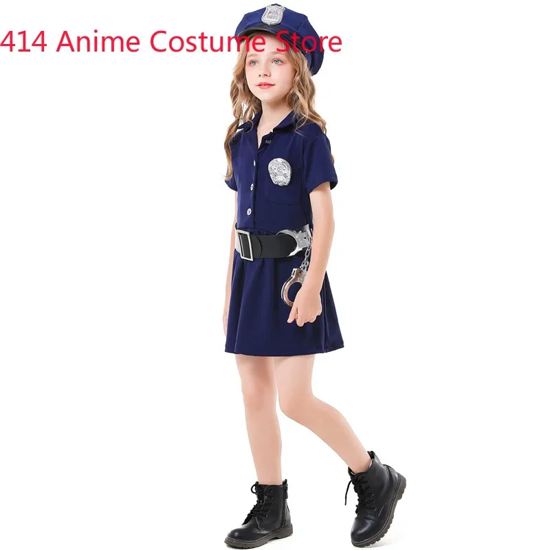 Costume de Cosplay de Police Bleu pour Enfant, Uniforme pour Fille, Déguisement d'Halloween