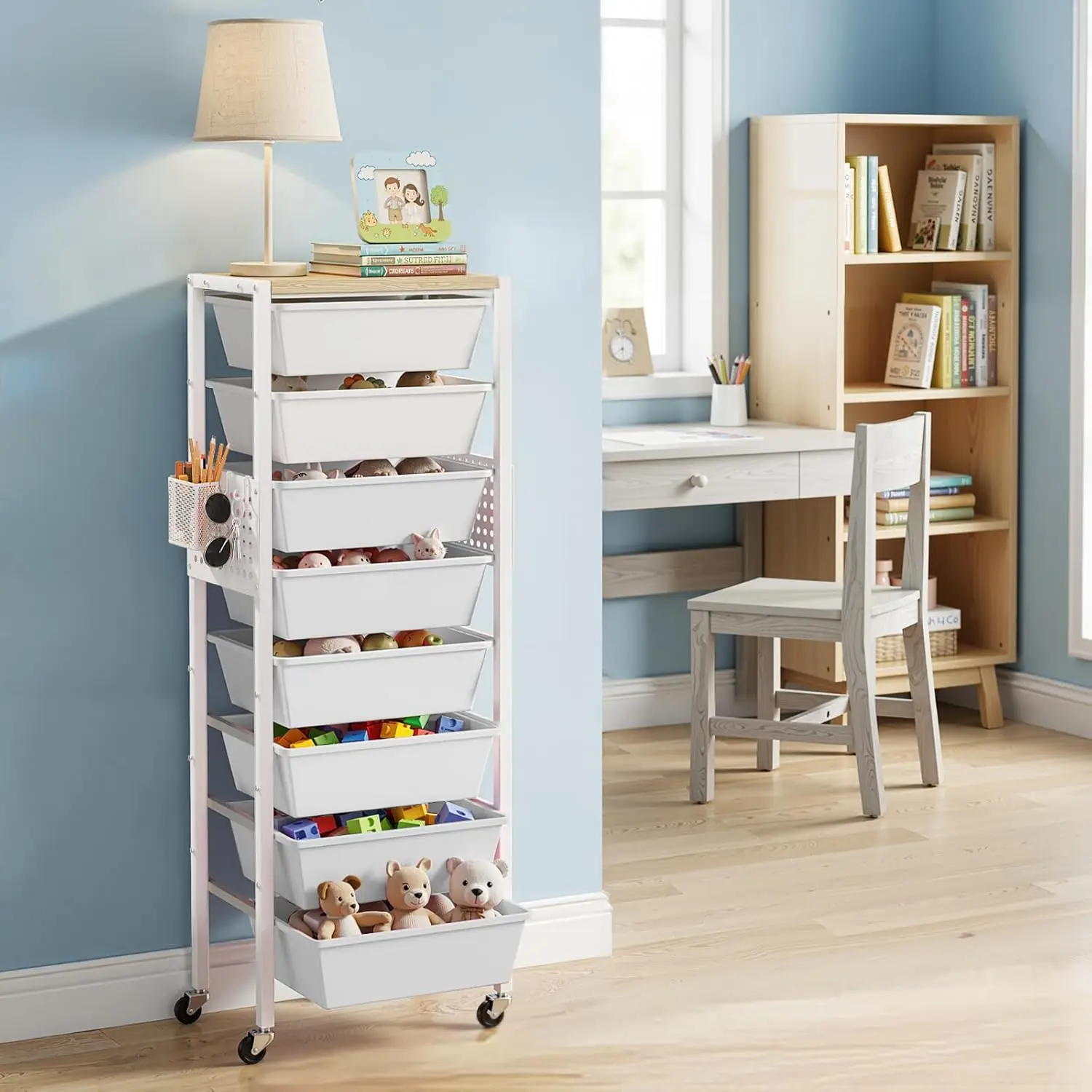 

8-Drawer Rolling Storage Cart with Wooden Tabletop, Pegboards & Basket for Home and Office Use