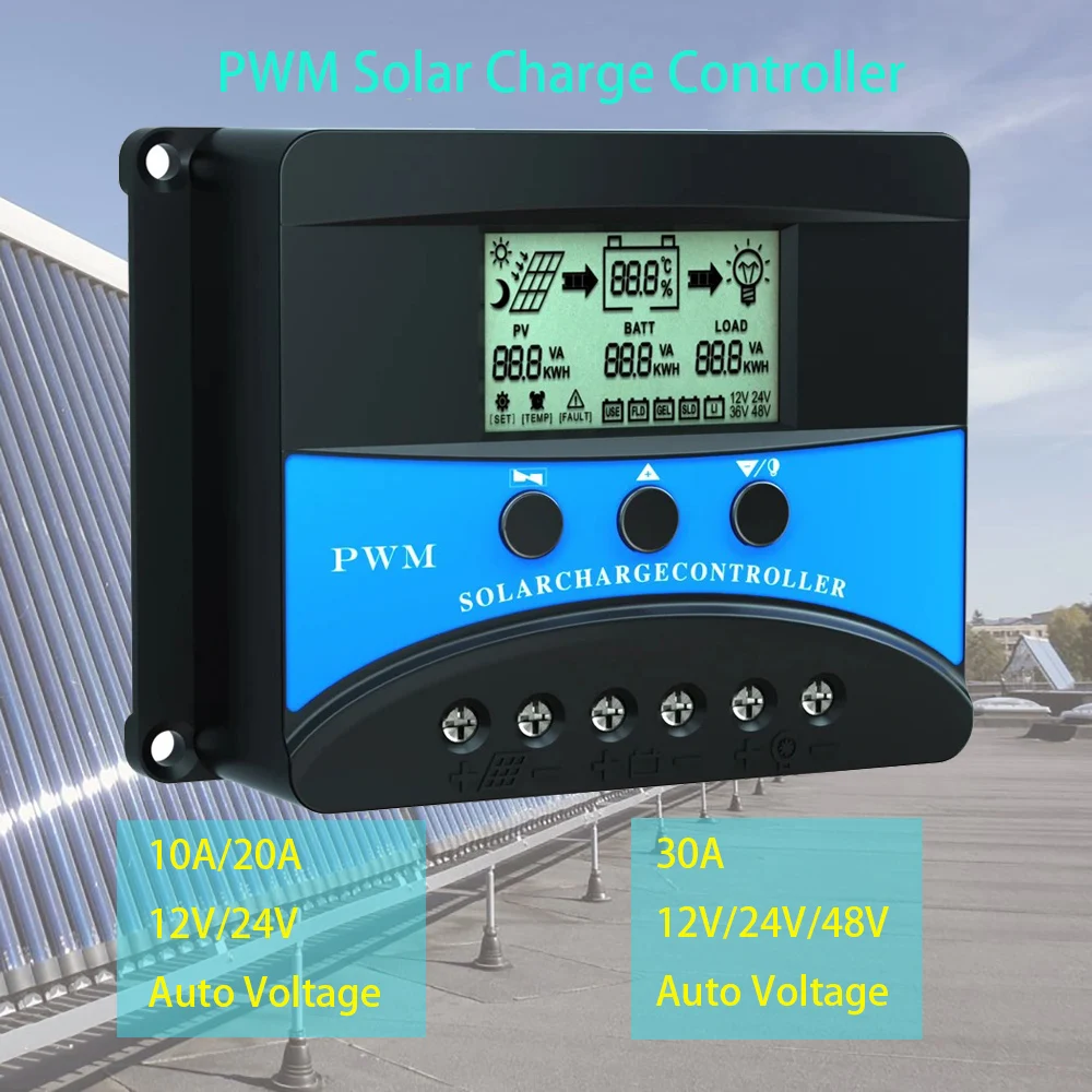 10A 20A 30A Solar Charge Controller 12V 24V 48V PV Regulator PWM Solar Charge Discharge Controller For Lifepo4 Lithium Lead Acid