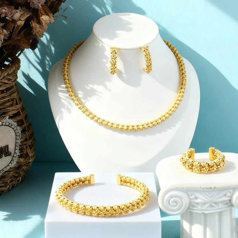 

Gold Plated Weaving Tassel Pendant Necklace Earrings Bracelet Ring Jewelry Set for Women Fashion Jewelry Gift for Party Wedding