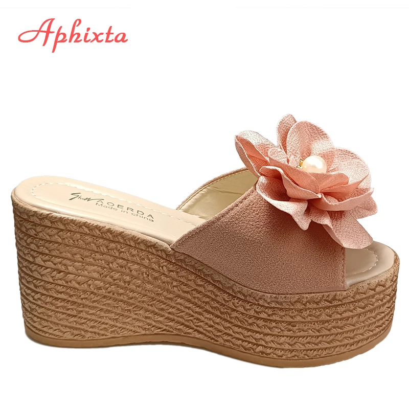 Aphixta 9cm obcasy slajdy perły kryształy aplikacje buty kobieta klapki klapki Wedge Heel platforma kobieta plaża Zapatos Mujer