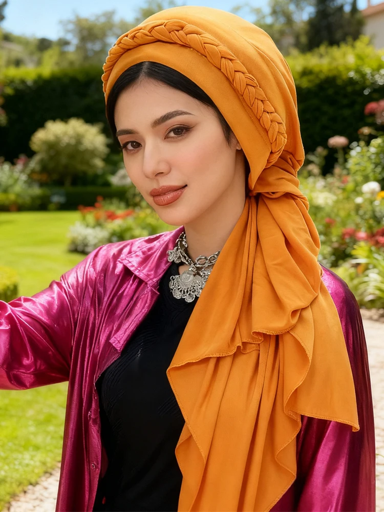 

Women Pre-Tied Hat Braids Turban Muslim Hijab Long Tail Headscarf Chemo Cap Hair Loss Head Wrap Bonnet Bandanas Turbante Mujer