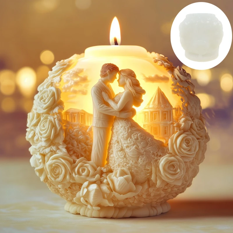 Couples embrace embossed spherical candle silicone mold groom bride rose flowers Ball Valentine's Day gift resin gypsum molds