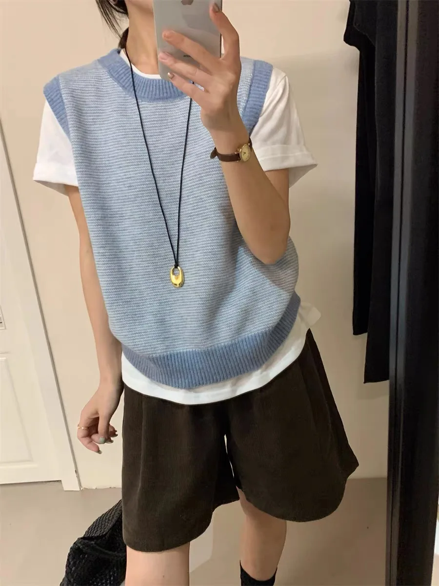 Korean Sle round Ne Knitted Woolen Vest Loose Fit Svel Top for Women Commute Autumn Winter Faion Striped Design