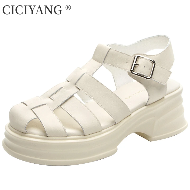 CICIYANG Platform Sandals for Women Summer 2024 New Ladies Buckle Hollow Out Genuine Leather Roman Sandal  Black High Heel