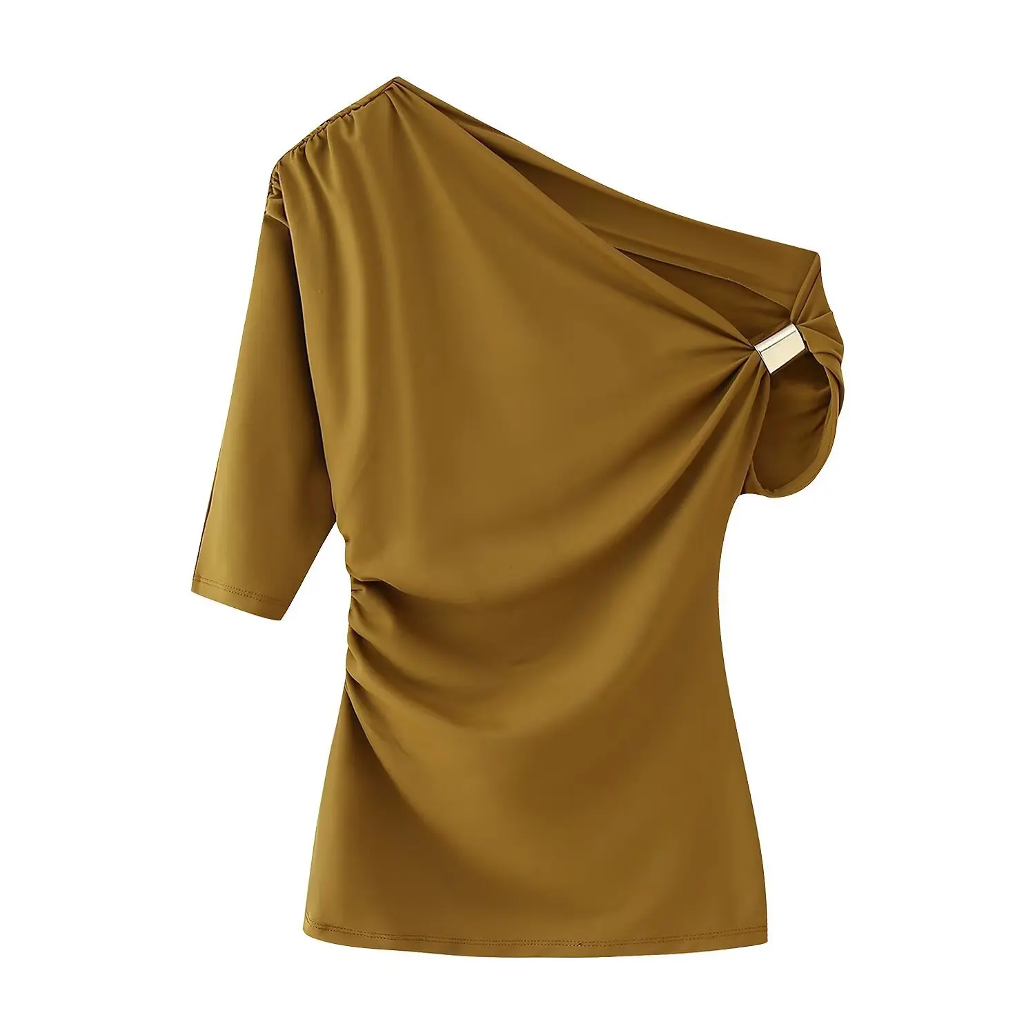 المرأة سليم صالح غير المتماثلة اقتصاص قميص خارج الكتف قصيرة الأكمام مطوي الذهب زر بلوزة صلبة الصيف بلوزة أنيقة جديدة #2