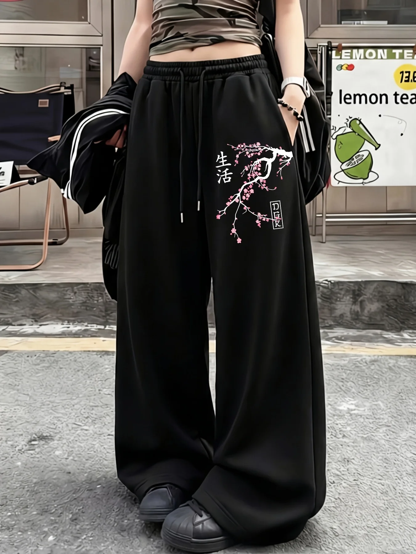 Men Women Straight‑Leg Long Pants,3D Oriental Cherry Blossom Graphic Print Quick Dry Trousers Elastic Unisex Street Pants