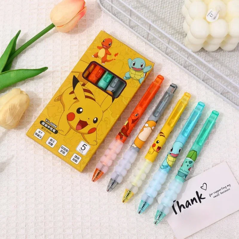 5pcs/box Pokémon Gel Pen Cute Pikachu/Charmander/Squirtle Cartoon Black Gel Pen Stationery School Supplies Children’s Gift