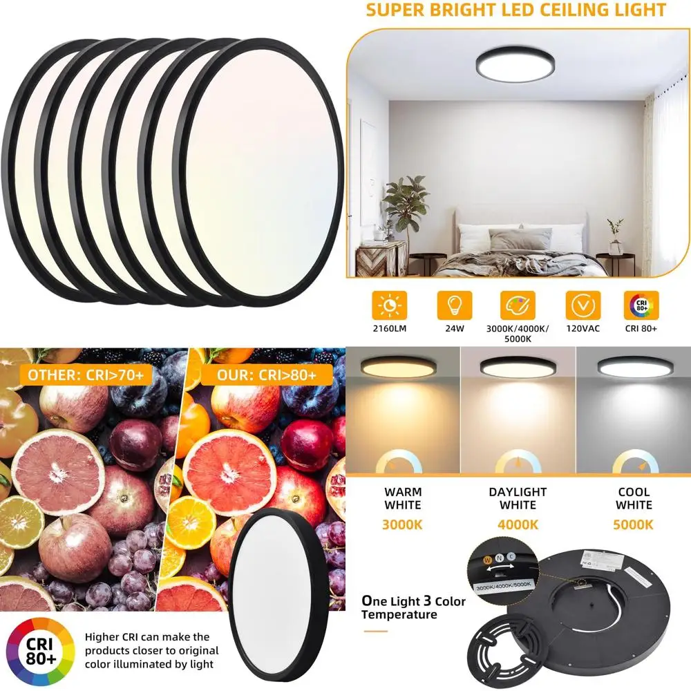 

12 Super Slim 24W LED Flush Mount Ceiling Light, 2400 Lumens, 3 Color Temperatures, Ideal for Kitchen & Bedroom (Black)