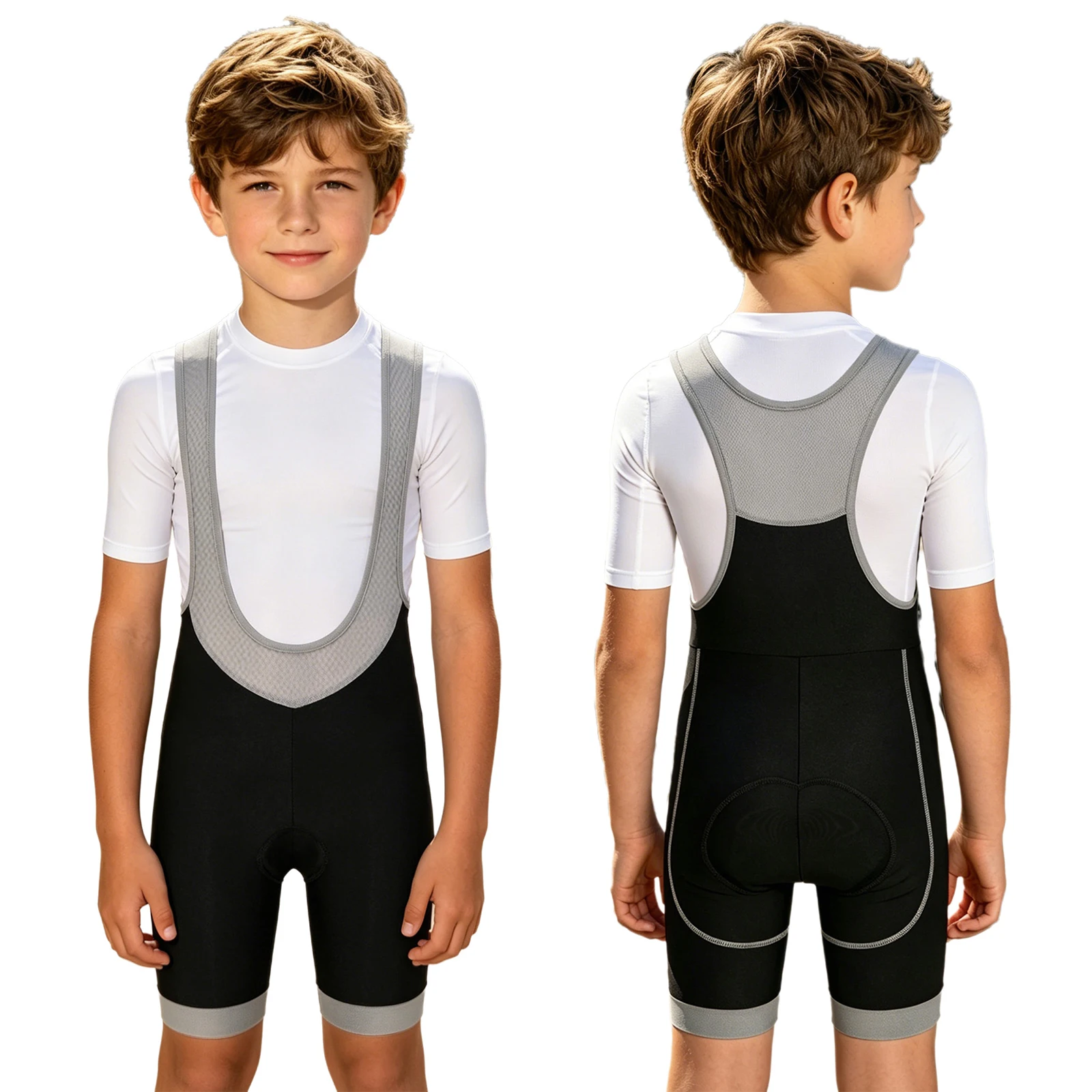 Kid Boys Girls Padded Cycling Jumpsuit Mesh Color Block Bodysuit Deep U Neck Sleeveless Thigh Length Leotard for Sports Training