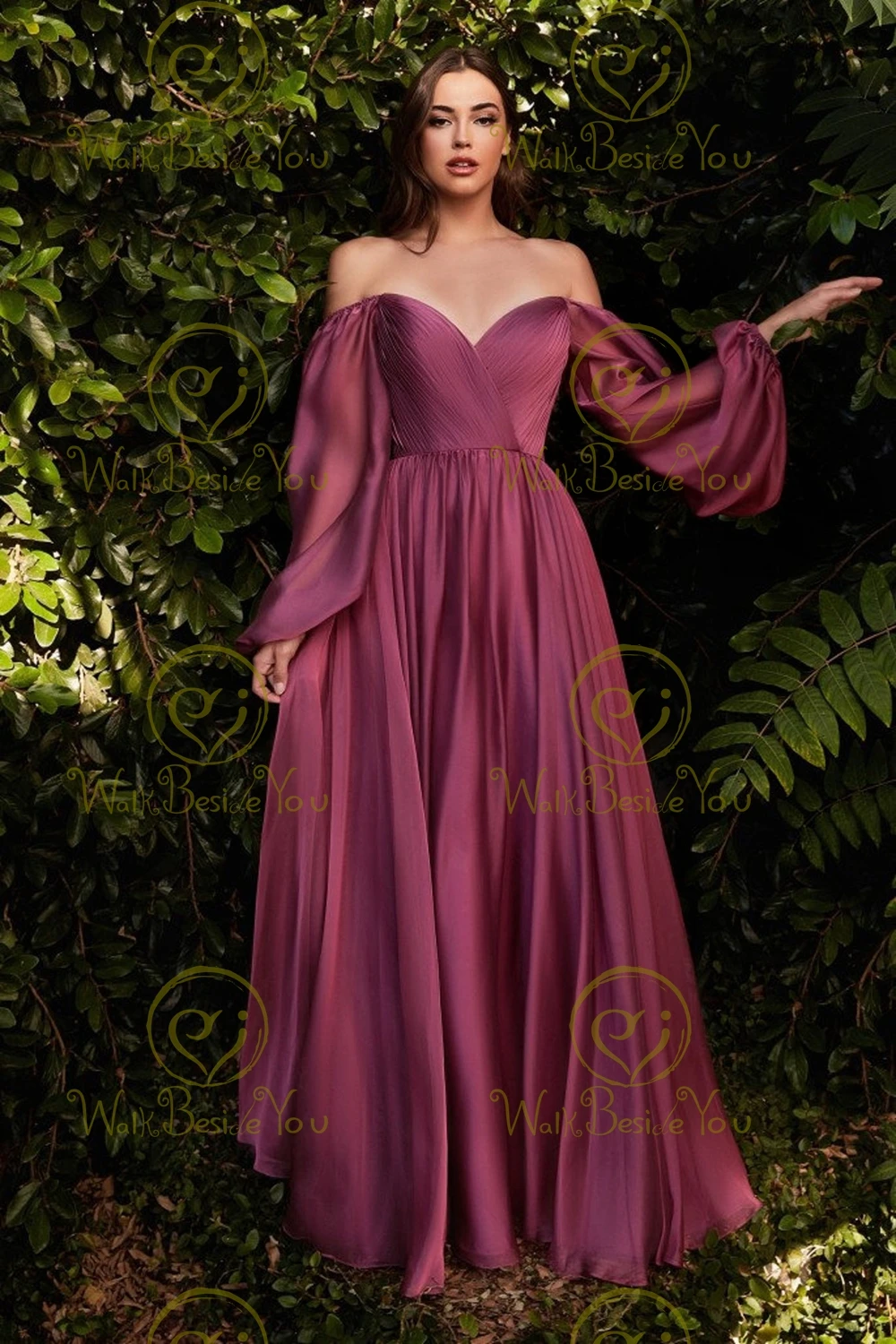 Burgundy Evening Dress 2023 Sweetheart A Line Long Chiffon Pleats Off Shoulder Full Sleeves Floor Length Prom Gown Formal Party