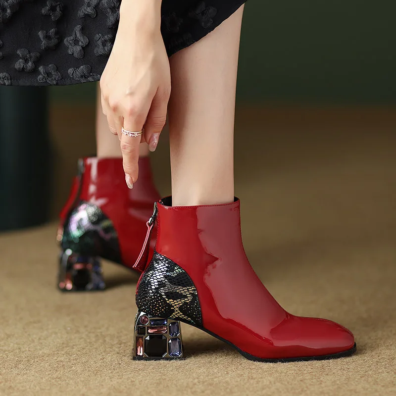 Phoentin Woman Rhinestone Genuine Leather Ankle Boots Fashion Elegant Winter back zip Shoes 2022 Newest Party Boots FT1987