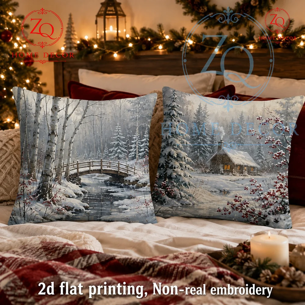 Rustic Winter Forest Throw Pillow Cover Snowy Birch Stream  Cabin Scene Farmhouse Christmas Home Decor Cushion Case
