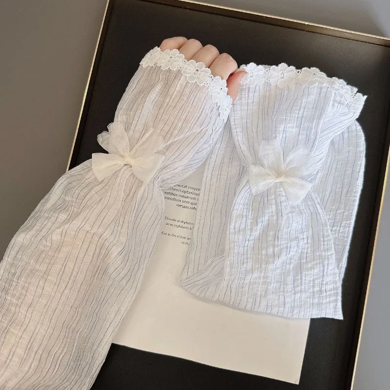 Vertical Striped Tencel Nylon Loose Ice Sleeves Women's Sweet College Pastoral Style Bow Sleeves Outdoor Cycling
