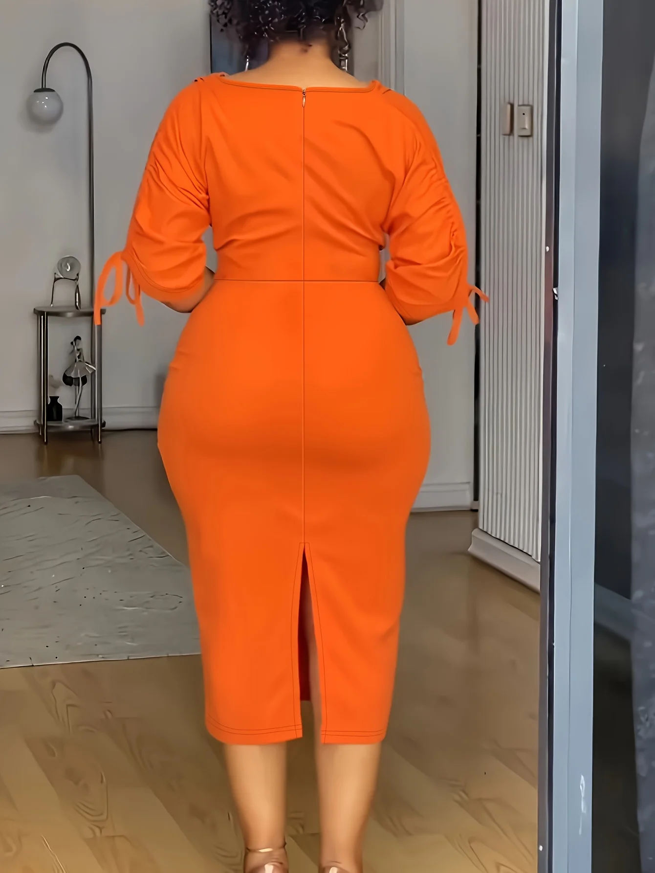 Orange Half Sleeves Pile Neck Drawstring Slit Wrap Dress Formal Evening Party Pleated Fitted Midi Dress