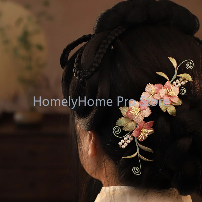 Pink Imitation Fluff Retro Hair Headdress, Side Back Hair Accessory, National Style Peach Blossom Hair Piece For Cheongsam Hanfu