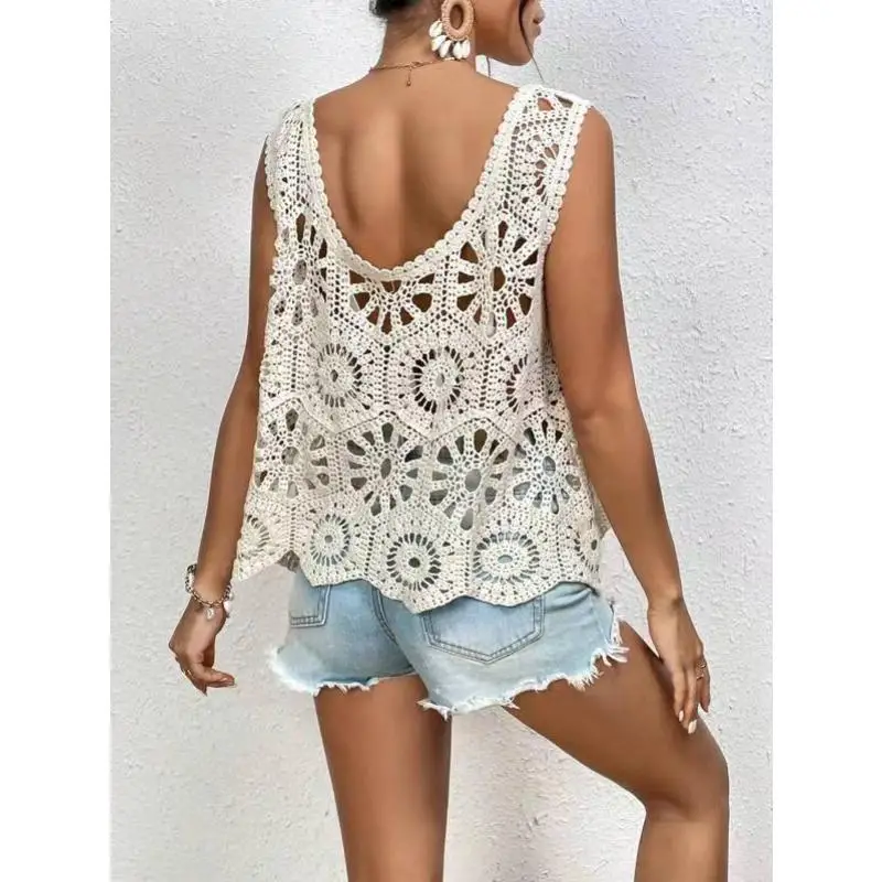 Dimanaf 2024 New T-Shirt Women Knitting Lace Vest O-Neck Hollow Summer Style Basic Tops Tees Loose Clothing