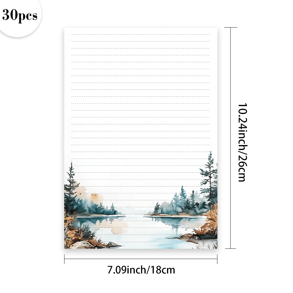30 Sheets, B5 Watercolor Landscape-themed Writing Paper, Lined, No Glue, Perfect For Notebooks, Memos, And Stickers