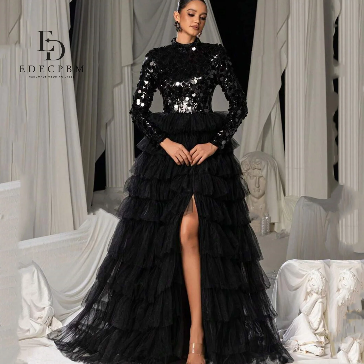 

EDECPBM Big Sequins Evening Dresses فساتين سهرة Black Customized Beautiful Prom Dresses Store Vestidos De Festa Multi-layer 2025