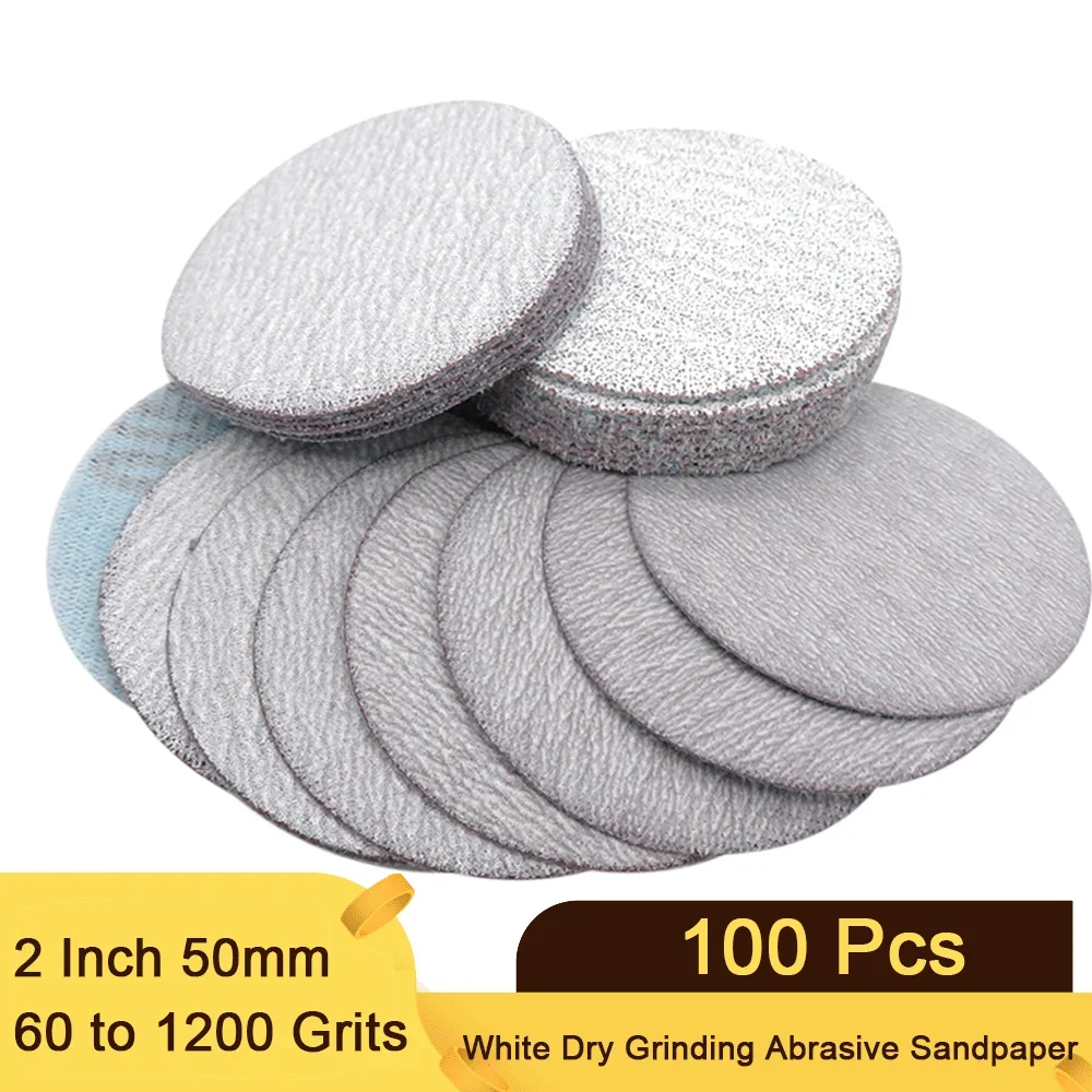 100 PCS 2 Inch 50mm Sanding Discs Hook & Loop White Dry Grinding Abrasive Sandpaper 60 to 1000 Grit for Polishing Wood Metal Car